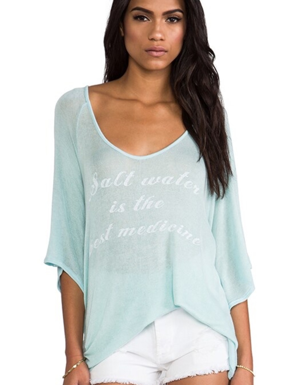 Wildfox Light Aqua Beach Coverup Top with Script Graphic